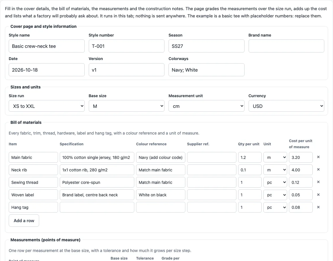 Tech pack template example